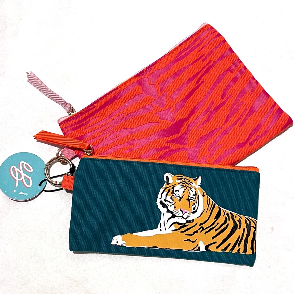 Emily Brooks Set of 2 Cotton Tiger Pouches Orange/Teal/Multi